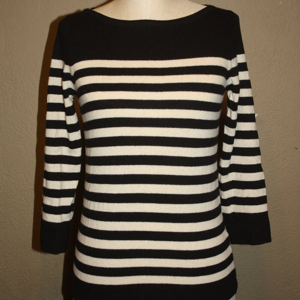 NWT J.CREW STRIPED BLACK & IVORY WOOL & CASHMERE KNITTED SWEATER - SMALL 2 4